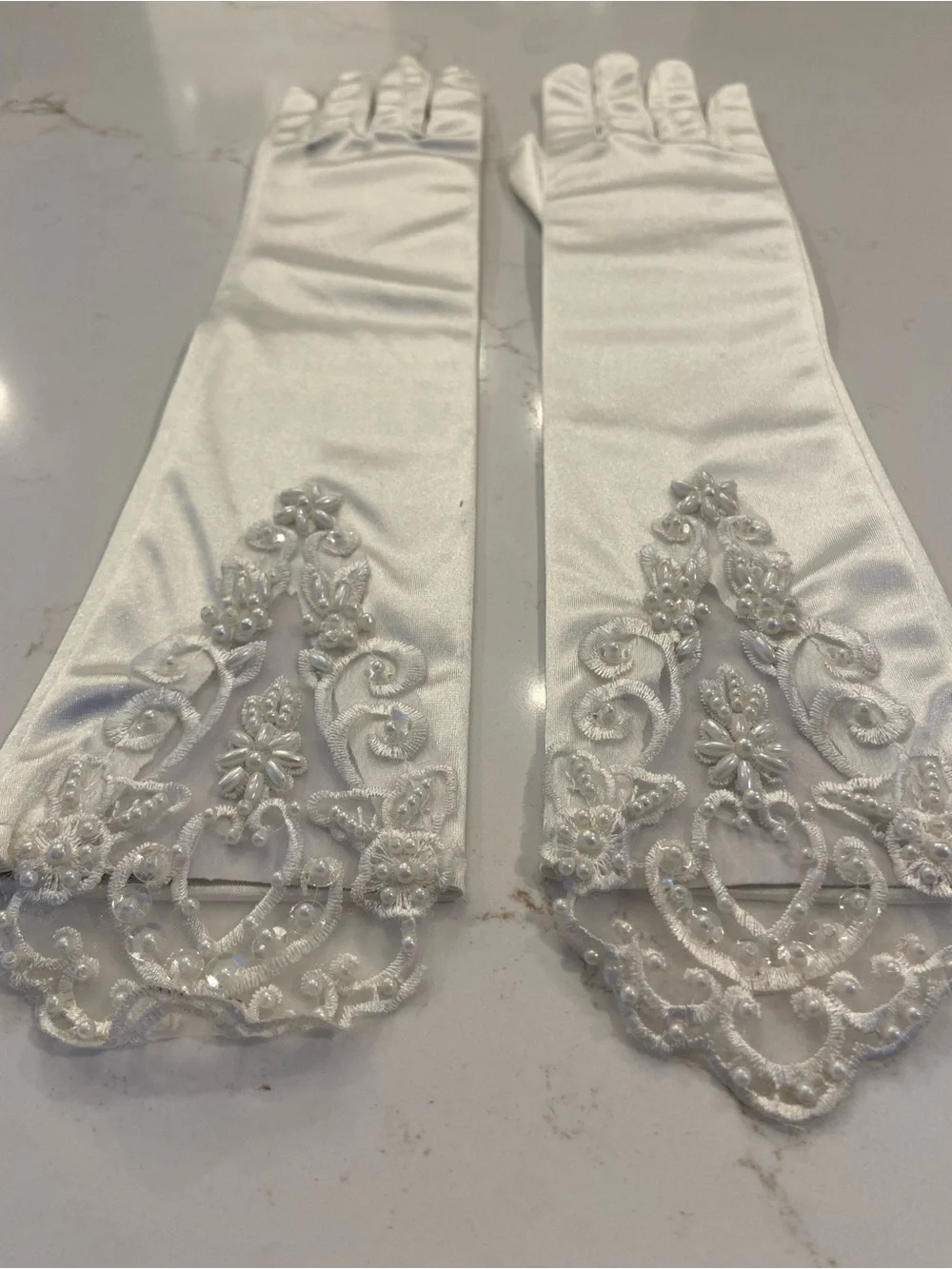 Vintage Bridal Gloves White Satin Elbow Length Stretch w/ Lace Detail NEW